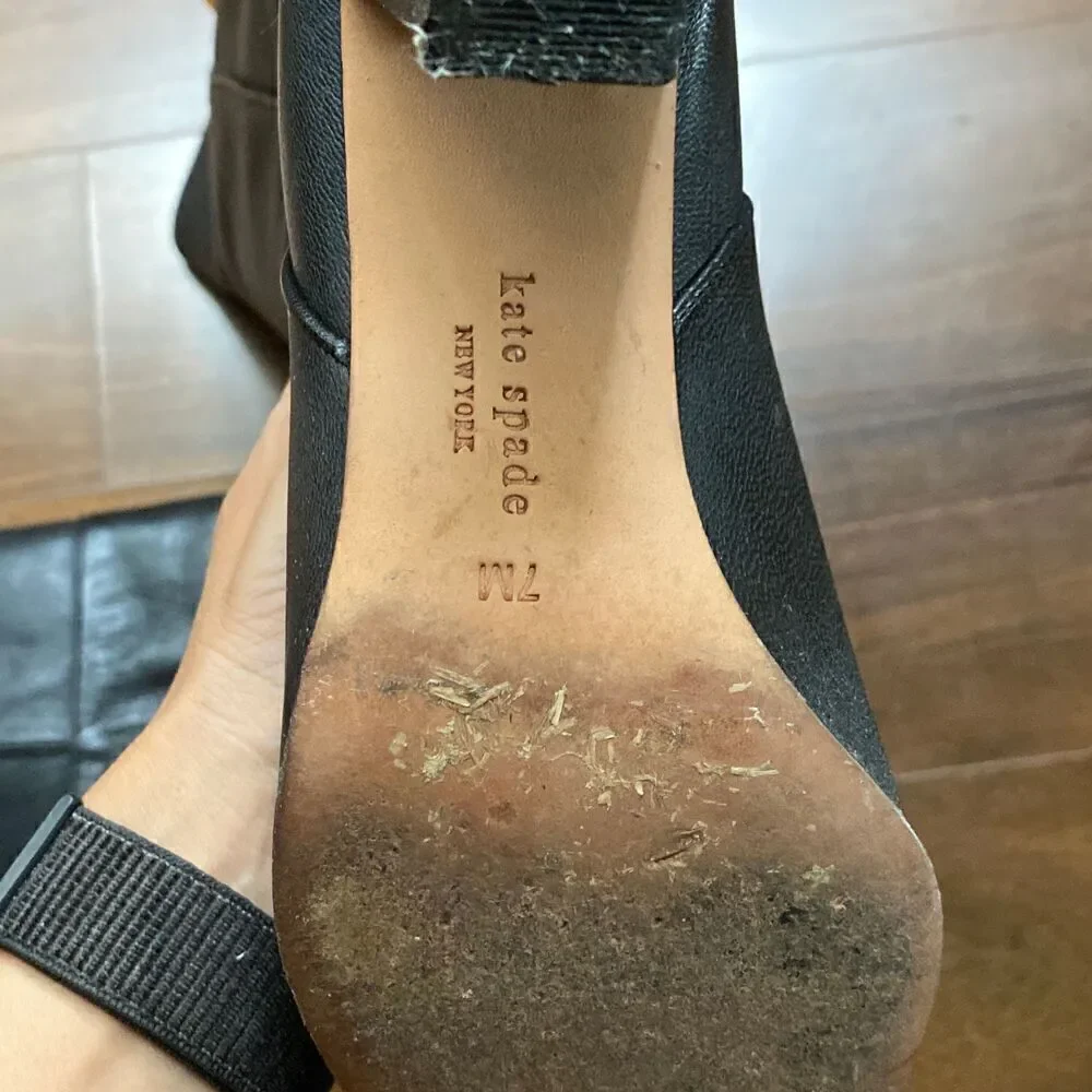 Kate Spade 7 Belinda Button tall black leather heeled boots